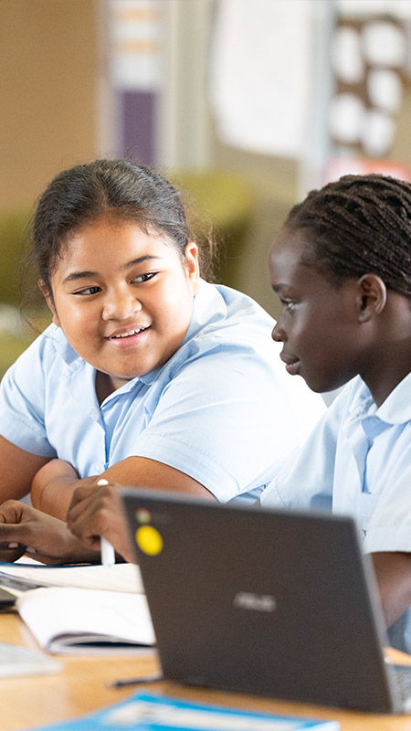 Two Holy Family Primary, East Granville students in class and using laptops